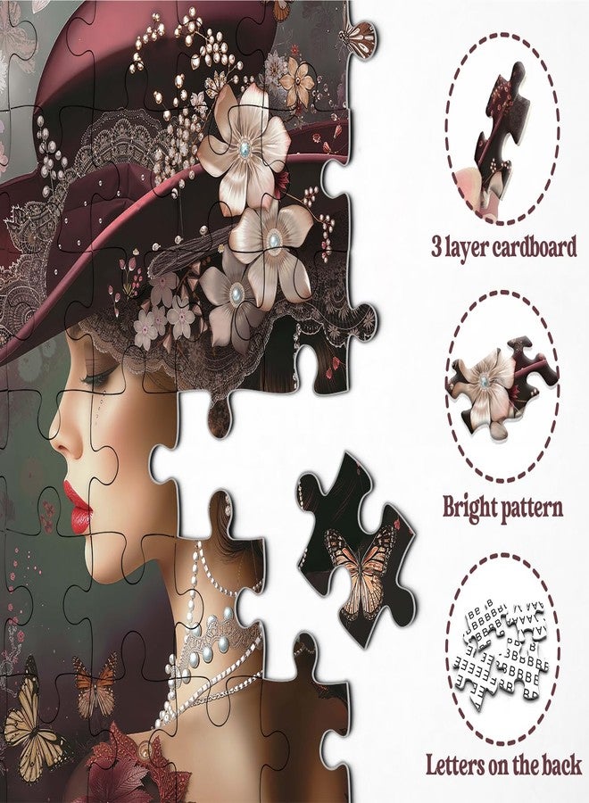 PPuzzling Elegant Victorian Lady Puzzle 1000 Pieces for Adults, Vintage Woman with Red Hat, Pearls, Flowers and Butterflies Jigsaw Puzzle, Challenging Retro Classic Aesthetic Art Puzzle - Image 4